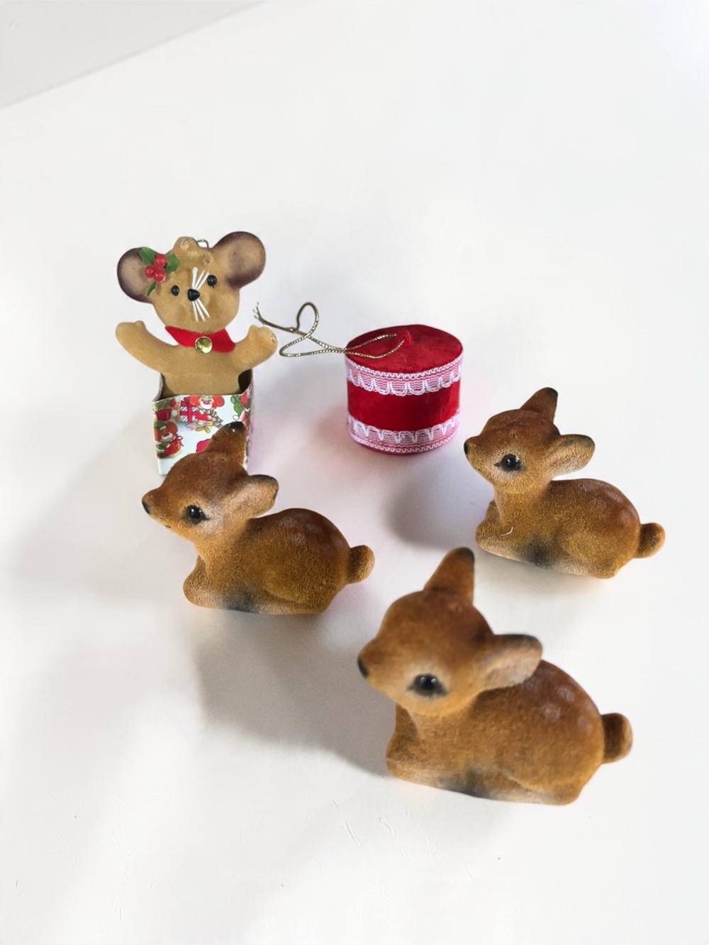 Vintage Flocked Deer Figurines Set of 3 Christmas Kitsch Woodland Decor